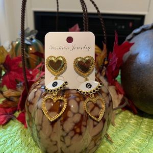 Gold and eye dangle earrings